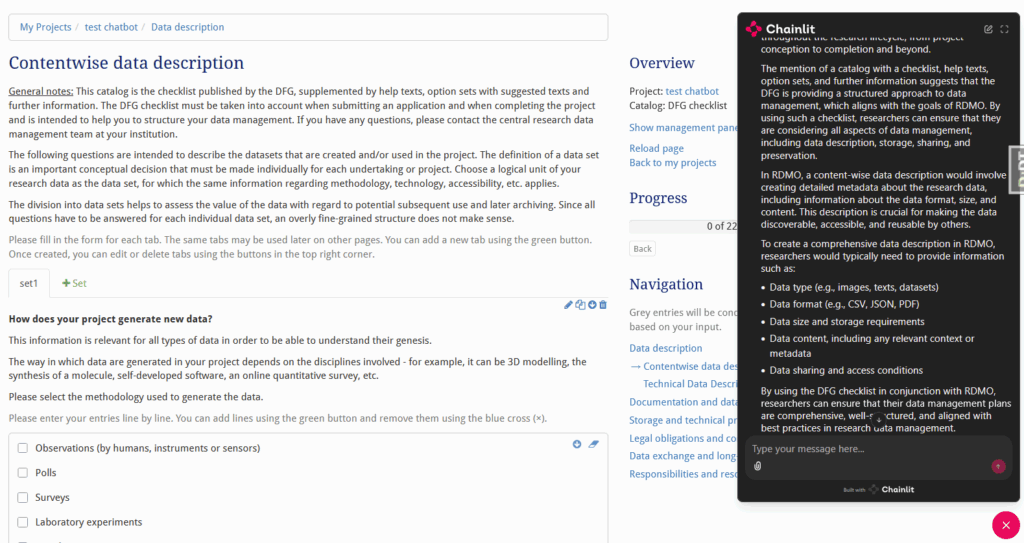 Screenshot of the prototype chatbot integration in RDMO