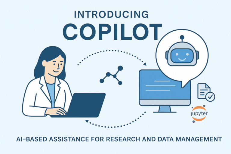 Illustration showing female scientist in labcoat working on laptop.